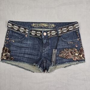 Y2K Express Denim Jean Shorts Womens 8 Dark Wash Western Sequins Festival Preppy